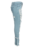 Blue Sexy Solid Ripped High Waist Regular Denim