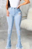 Blue Sexy Solid Ripped High Waist Boot Cut Denim