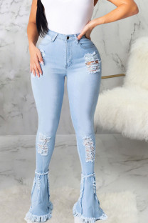 Baby Blue Sexy Solid Ripped High Waist Boot Cut Denim