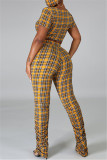 Red Fashion Casual Plaid Print Hollowed Out O Neck Short Sleeve Two Pieces