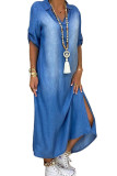 Blue The cowboy Fashion adult Ma'am Sweet Cap Sleeve Half Sleeves Turndown Collar Princess Dress Ankle-Length Solid Dresses