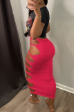 Black Sexy Solid Hollowed Out Skinny Mid Waist Pencil Solid Color Bottoms