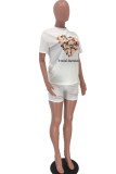 White Sexy Twilled Satin Print Ripped O Neck Short Sleeve Regular Sleeve Regular Two Pieces
