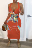 Black OL V Neck Print Pattern Plus Size