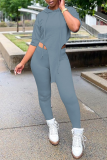 Grey Casual Solid Patchwork Hooded Collar Short Sleeve Two Pieces