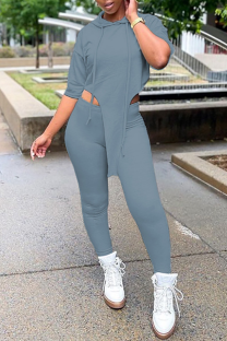 Grey Casual Solid Patchwork Hooded Collar Short Sleeve Two Pieces