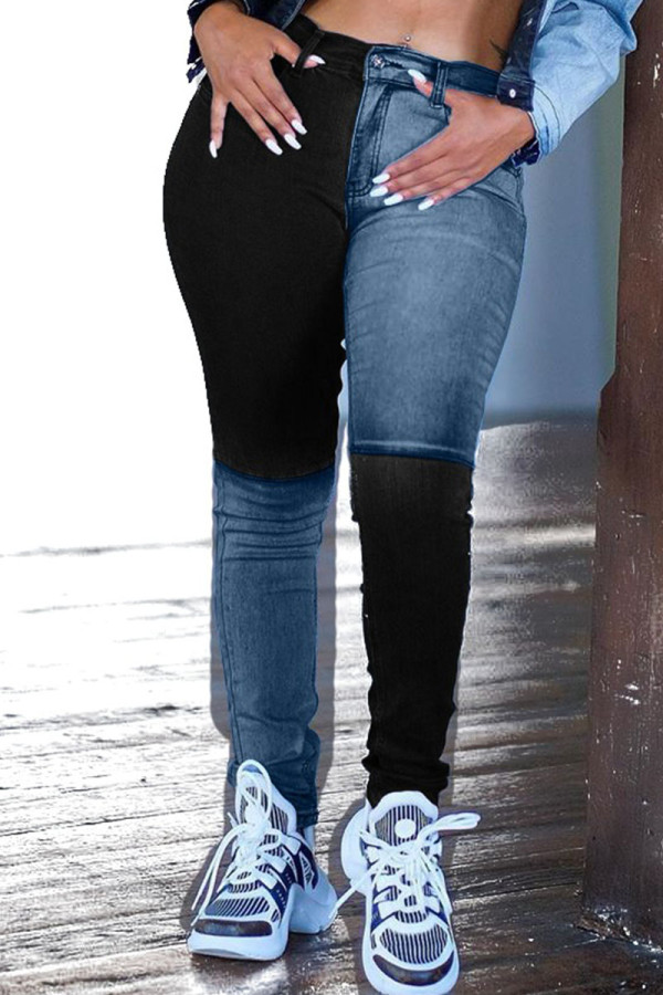 Black Zipper Fly Mid Patchwork washing Old Zippered pencil Pants Bottoms