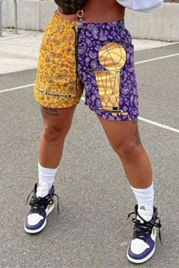 Purple Fashion Casual Print Patchwork Straight High Waist Shorts