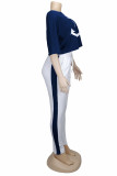 Blue adult Fashion Casual contrast color Print Two Piece Suits Patchwork pencil Short Sleeve T