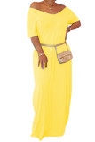 Black Fashion Casual Red Black Khaki Yellow Sky Blue Lake Blue Cap Sleeve Short Sleeves V Neck Swagger Floor-Length Solid Dresses