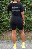 Black Fashion Casual Letter Print Basic O Neck Short Sleeve Two Pieces