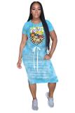 Blue Fashion Casual adult White Blue Green Pink Yellow Multi-color multicolor Cap Sleeve Short Sleeves O neck A-Line Mid-Calf Print Patchwork Ombre bandage Dresses