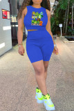 Blue Fashion Casual Print Vests O Neck Sleeveless Two Pieces