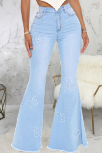 Baby Blue Casual Butterfly Print Patchwork Mid Waist Boot Cut Denim Jeans