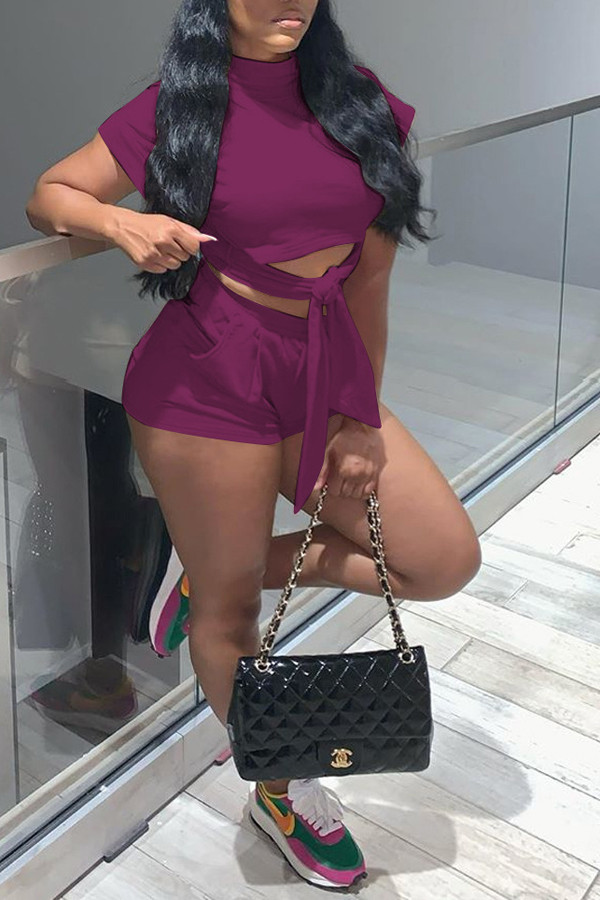 Wine Red Blends Street Solid Straight Short Sleeve Two Pieces