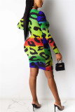 Multi-color Fashion Sexy Print Hollowed Out O Neck Printed Dress