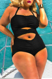 Rose Red Sexy Solid Hollowed Out Patchwork Fold Halter Plus Size Swimwear
