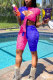 Blue Fashion adult Street Letter Patchwork Print Bandage Two Piece Suits HOLLOWED OUT pencil Short Sleeve Two Pieces