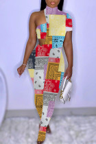 Red Fashion Sexy Print Hollowed Out Turtleneck Short Sleeve Two Pieces