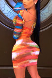 Blue British Style Print Tie-dye V Neck Wrapped Skirt Dresses