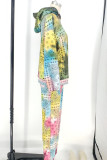 Blue Sportswear Spandex Blends Print Draw String Tie-dye Hooded Collar Long Sleeve Regular Sleeve Regular Two Pieces