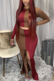 Wine Red Fashion Sexy Patchwork Patchwork Slit O Neck Long Sleeve Two Pieces