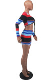 Blue Fashion Sexy Print Strap Design V Neck Long Sleeve Two Pieces