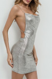 Gold Fashion Sexy Solid Backless Spaghetti Strap Sling Dress