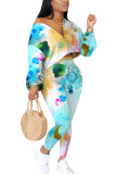 Yellow Fashion adult Ma'am OL Print Two Piece Suits pencil Long Sleeve Two Pieces