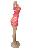 Red Fashion adult Lightly cooked Red Green Off The Shoulder Sleeveless O neck Step Skirt Mini Print Patchwork Tie and dye Dresses
