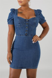 Light Blue Fashion Casual Solid Basic Square Collar Short Sleeve Dress