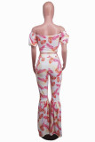 Red Fashion Sexy Print Backless Off the Shoulder Short Sleeve Two Pieces