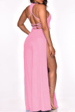 Black Fashion Sexy Solid Backless Slit O Neck Regular Jumpsuits