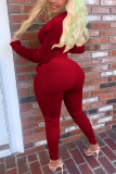 Red Casual Solid Patchwork O Neck Long Sleeve Two Pieces