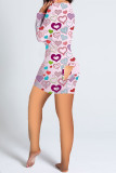 Pink Casual Living Print Basic V Neck Regular Romper