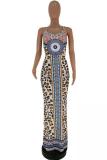 Brown Fashion Sexy Spaghetti Strap Sleeveless Slip Step Skirt Floor-Length Leopard macrame split