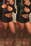 Black Sexy Solid Hollowed Out V Neck Long Sleeve Two Pieces