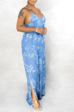 Blue Sexy Print Patchwork Spaghetti Strap Straight Dresses