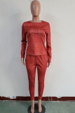 Red Casual Print Two Piece Suits pencil Long Sleeve