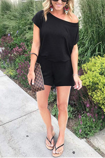 Black Fashion Sexy Solid Patchwork Short Sleeve one shoulder collar Rompers