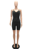 Black Sexy Solid Patchwork Spaghetti Strap Sleeveless Two Pieces