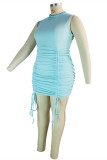 Blue Fashion Casual Plus Size Solid Fold O Neck Sleeveless Dress