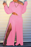 Pink Fashion Casual Solid Patchwork Slit Oblique Collar Long Sleeve Two Pieces