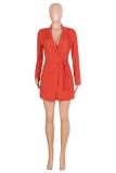 Orange Notched Bandage Solid Pure Long Sleeve Blazer & Suits &Jacket