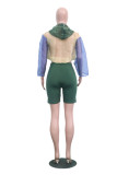 Green Long Sleeve Mid Patchwork pencil shorts Two-piece suit