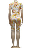 Yellow Casual Print Straight Short Sleeve Two Pieces