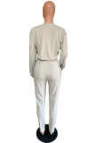 Grey Casual Letter Print Solid Straight Long Sleeve Two Pieces
