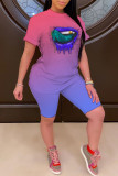 Blue Red Casual Gradual Change Lips Printed Patchwork O Neck Short Sleeve Two Pieces