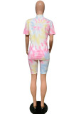 Pink Casual Letter Print Tie Dye Straight Short Sleeve Two Pieces