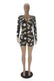 Black Casual Living Print Basic V Neck Skinny Romper